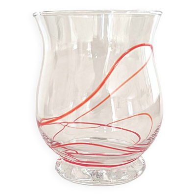Vase vintage en verre soufflé de style Murano avec tourbillons rouges