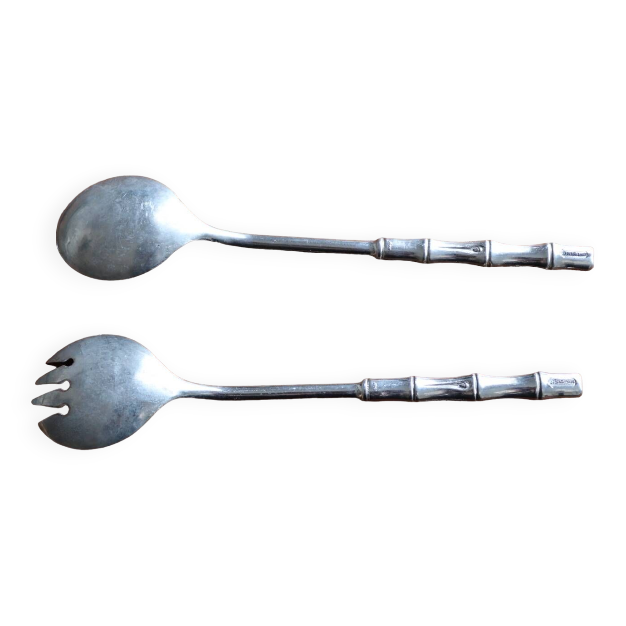 Silver salad servers, bamboo shape, vintage 1960
