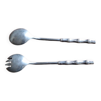 Silver salad servers, bamboo shape, vintage 1960