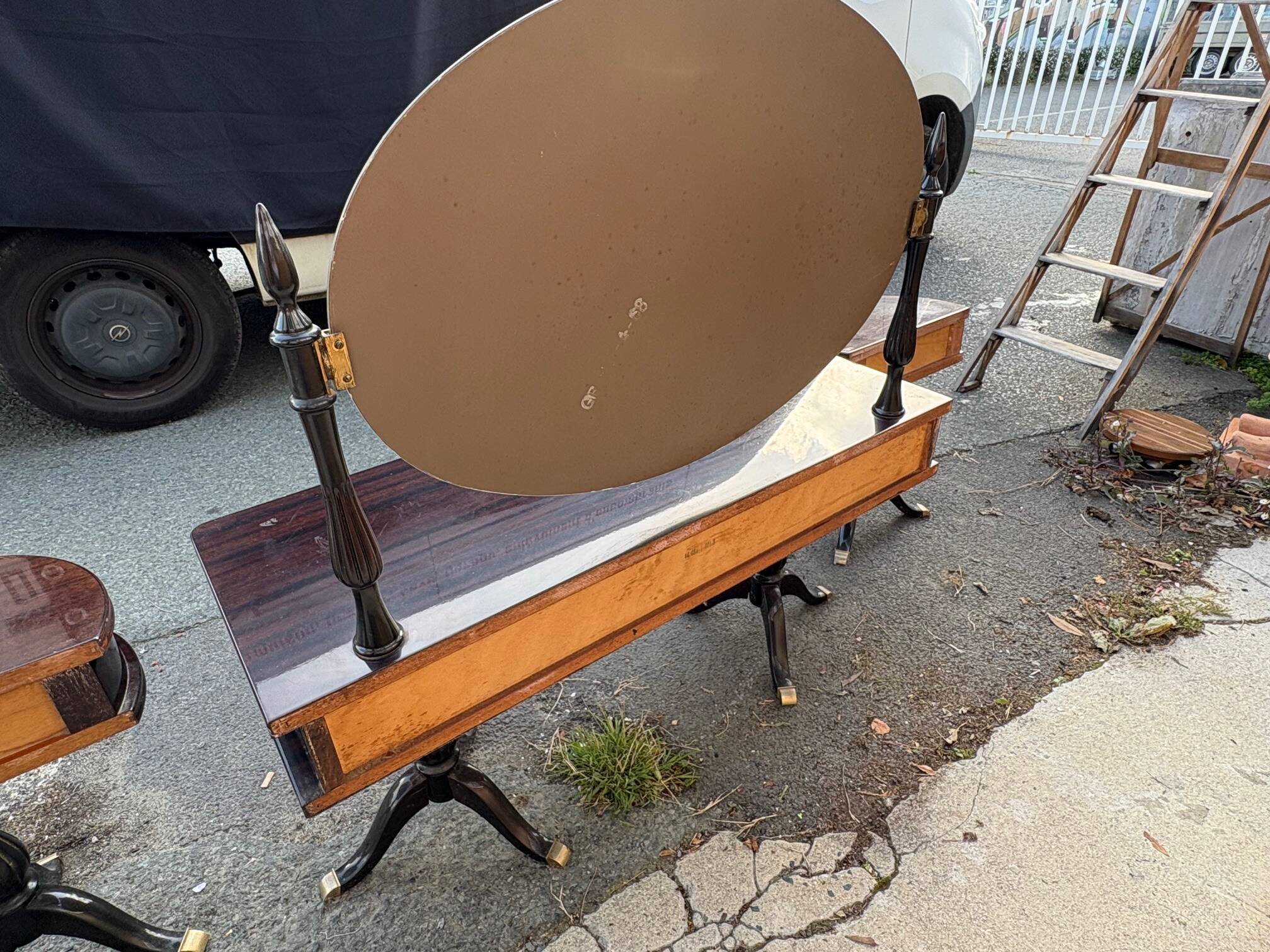 Vintage 1960s triptych hairdresser in mahogany – signed G. Blouin Nantes
