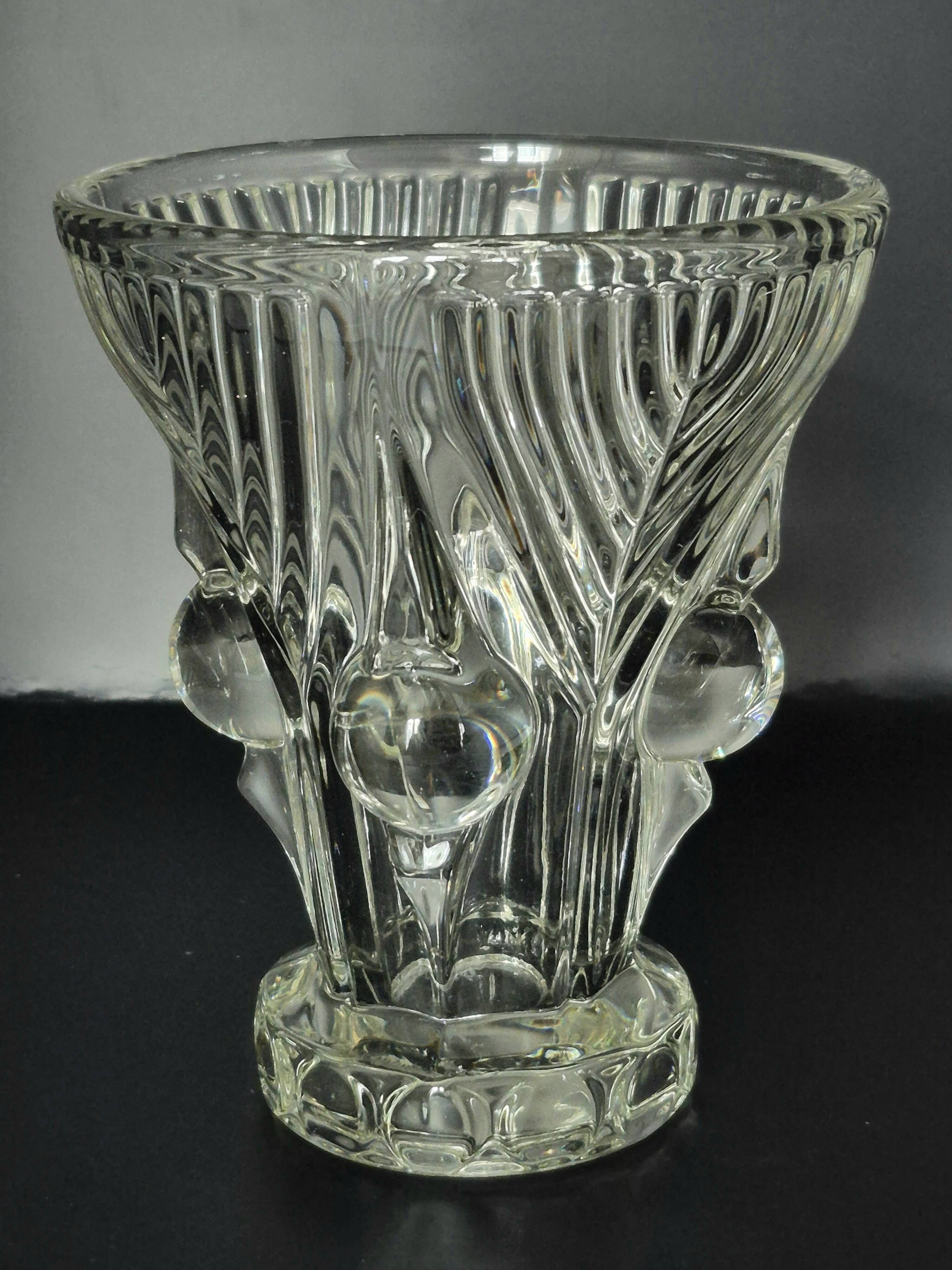 Vintage thick moulded glass/crystal vase Sculptural design Art Deco