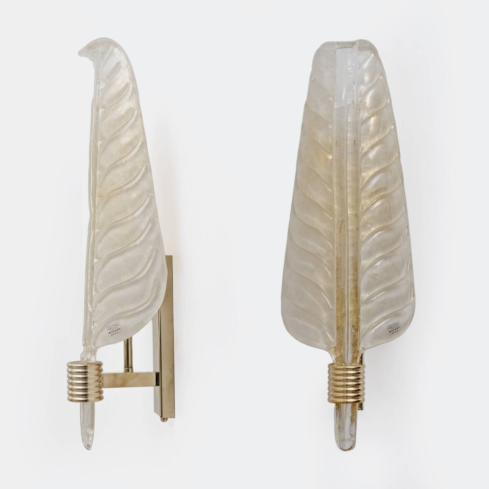 Pair of Murano Glass Leaf Wall Sconces with Gold Powder and Brass, Italy