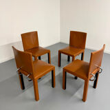 4 camel leather chairs, postmodern design by Paolo Piva for B&B Italia Arcadia.