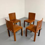 4 camel leather chairs, postmodern design by Paolo Piva for B&B Italia Arcadia.