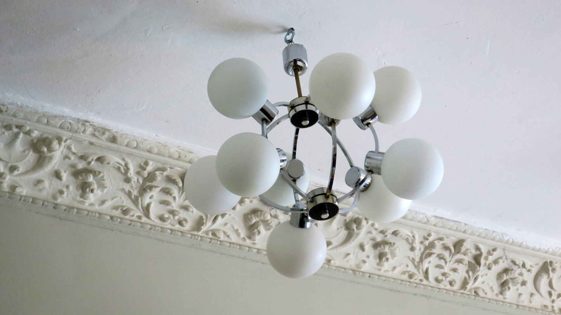 Mid century chandelier with 9 radiating milk glass globes 1970s