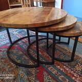 Suite of 3 pull-out tables made of recycled wood