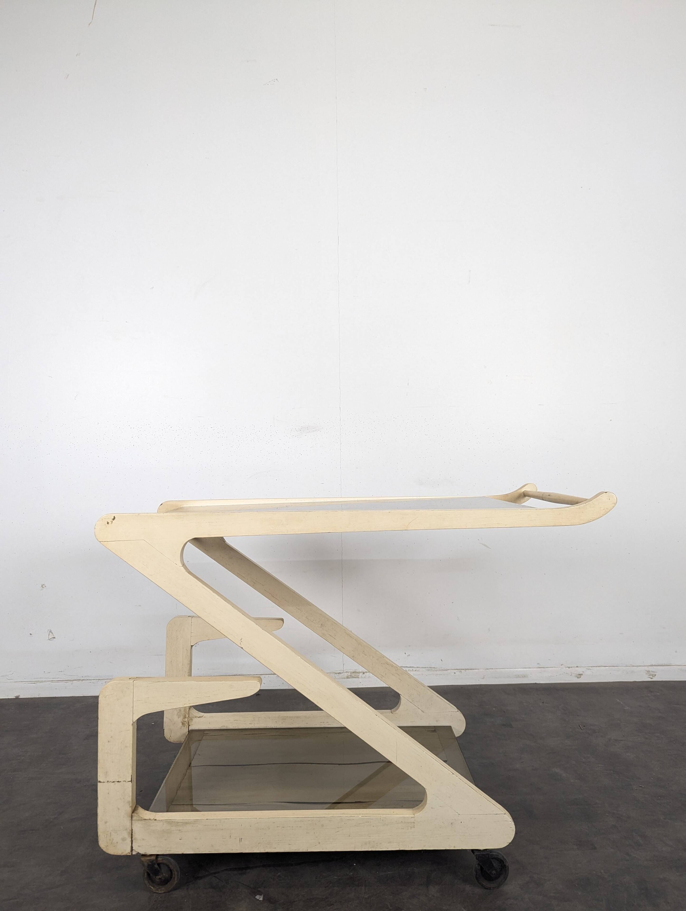 White lacquered Z-shaped rolling dessert trolley with smoked glass from the 1970s.