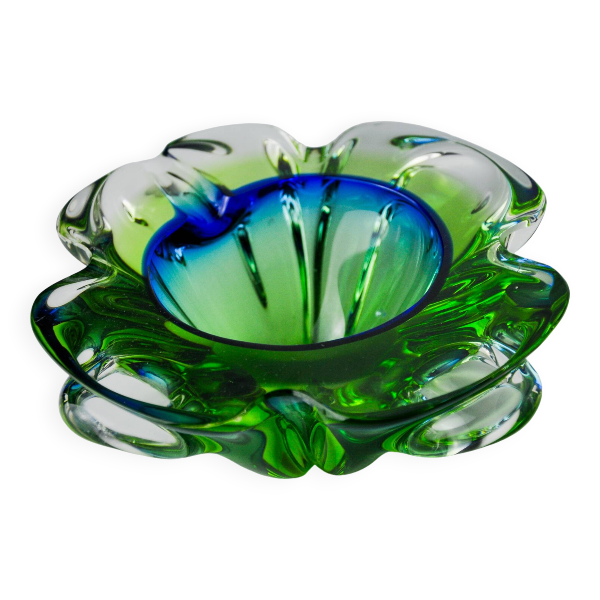 Sommerso green and blue pocket emptier by Flavio Poli for Seguso, Murano glass, Italy, 1970