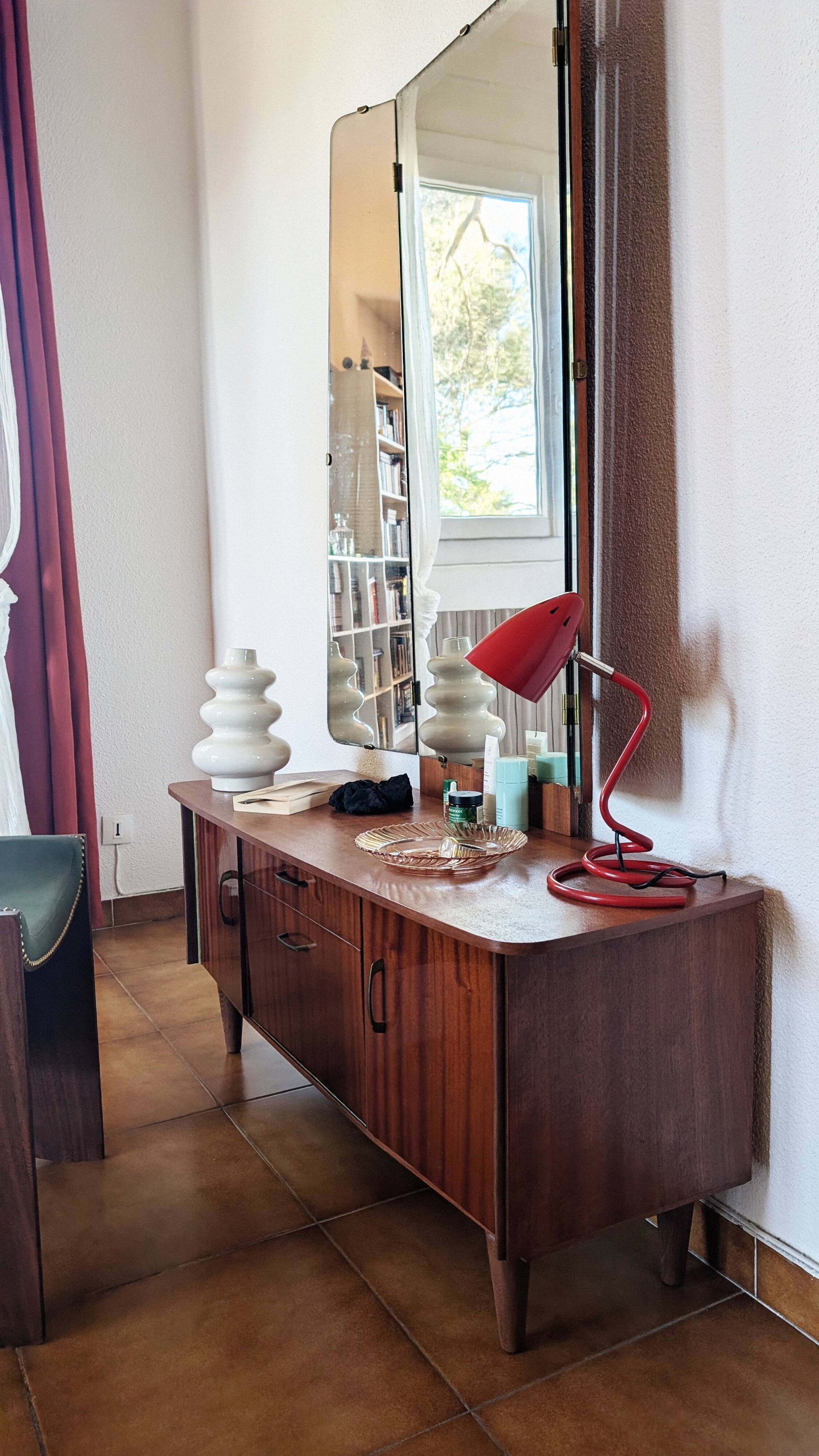 Vintage 70s dressing table with triptych mirror and matching bench.