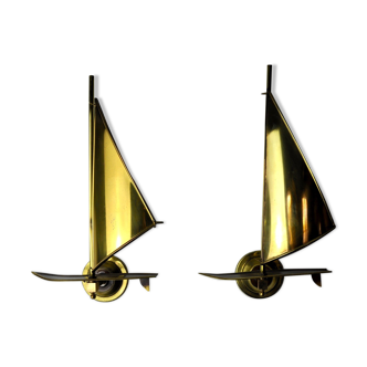 Pair of sconces Brass sailboats, midcentury, Italy, 1950