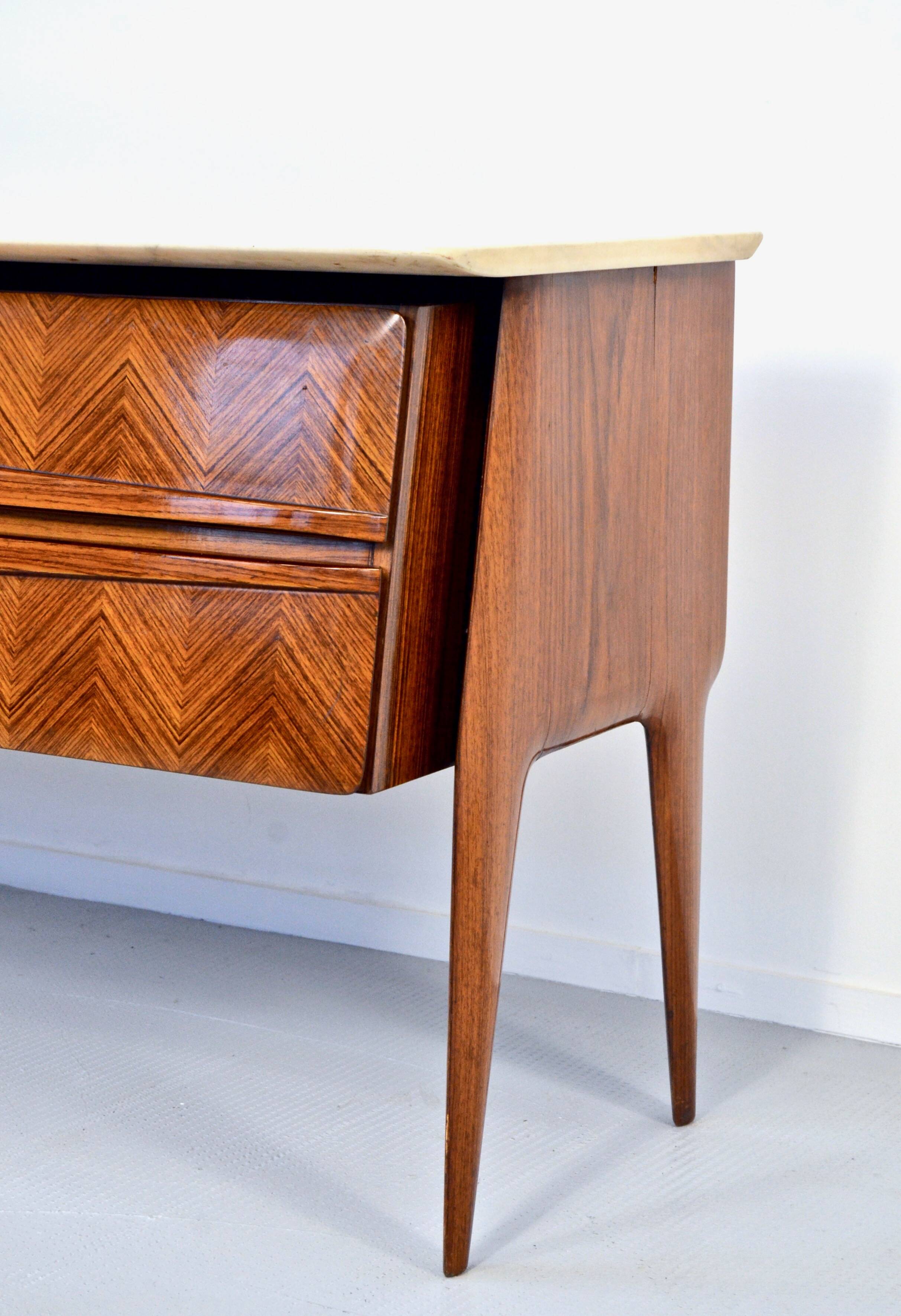 Italian Midcentury Sideboard in Rosewood, Carrara Marble and Brass