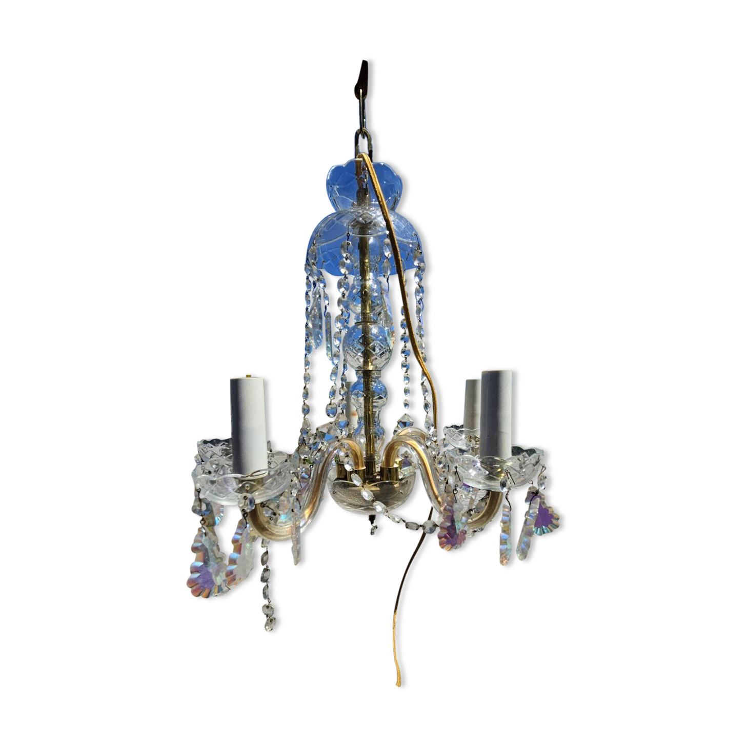 Antique chandelier with glass and crystal pendants, 5 lights, Venetian style.
