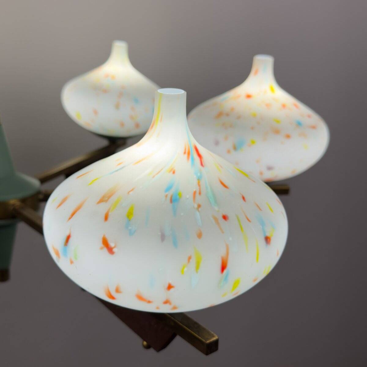 Mid-century chandelier with teak and Murano glass by Stilnovo, Italy, 1950s.