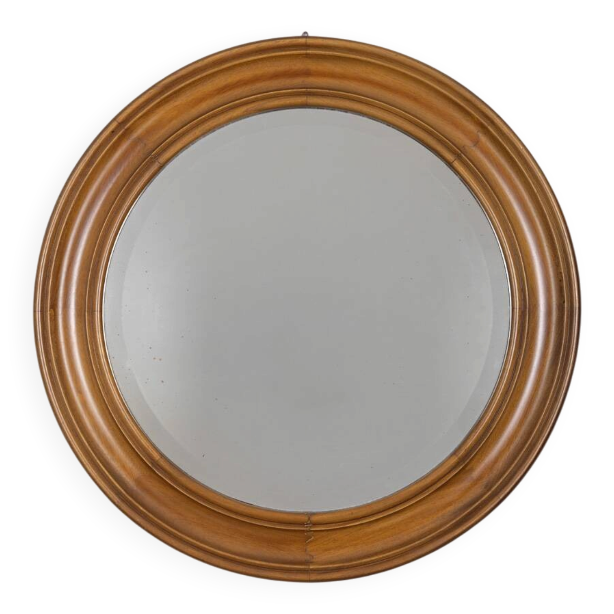 Vintage 1970s round wall mirror in walnut wood, Italian design
