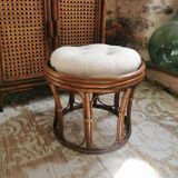 Dark rattan pouf stool with loop cushion