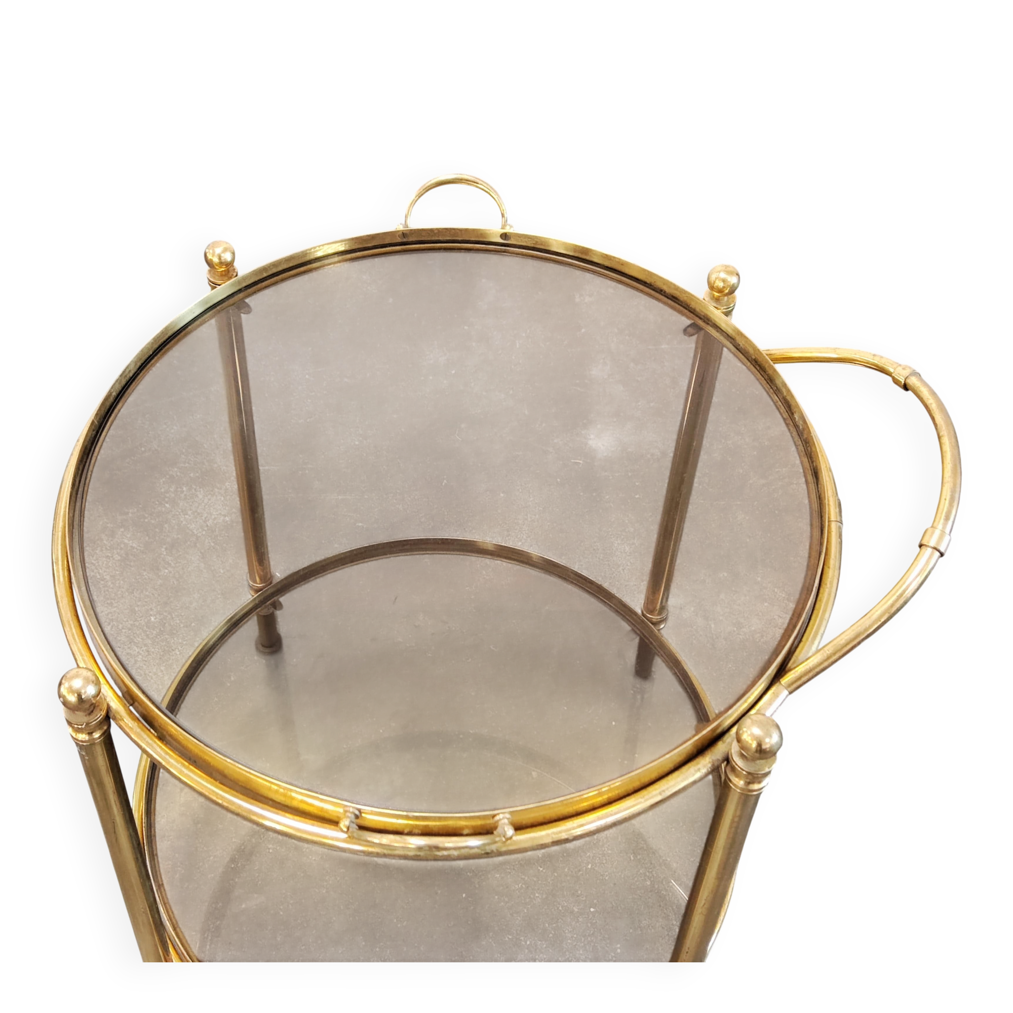 Hollywood Regency bar cart in bronze and smoked glass, 1950s
