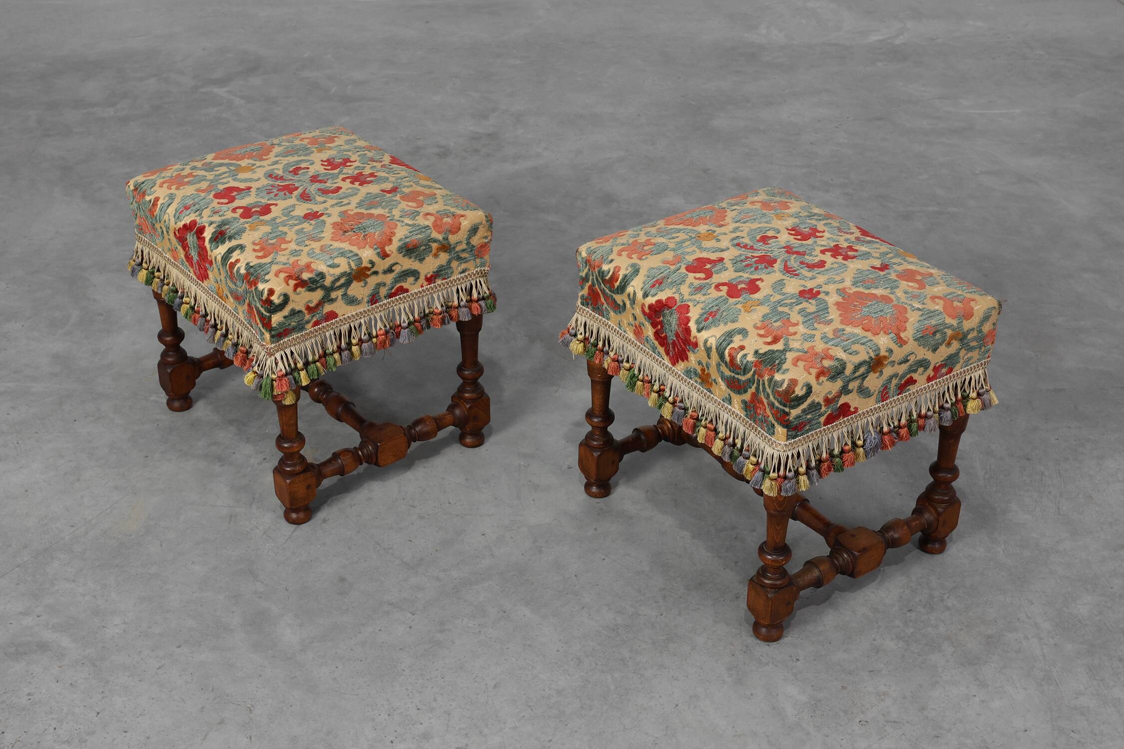 Early 20th Century Pair of Wood & Fabric French Footstools