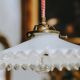 Vintage French suspension in white glass with scalloped edge.