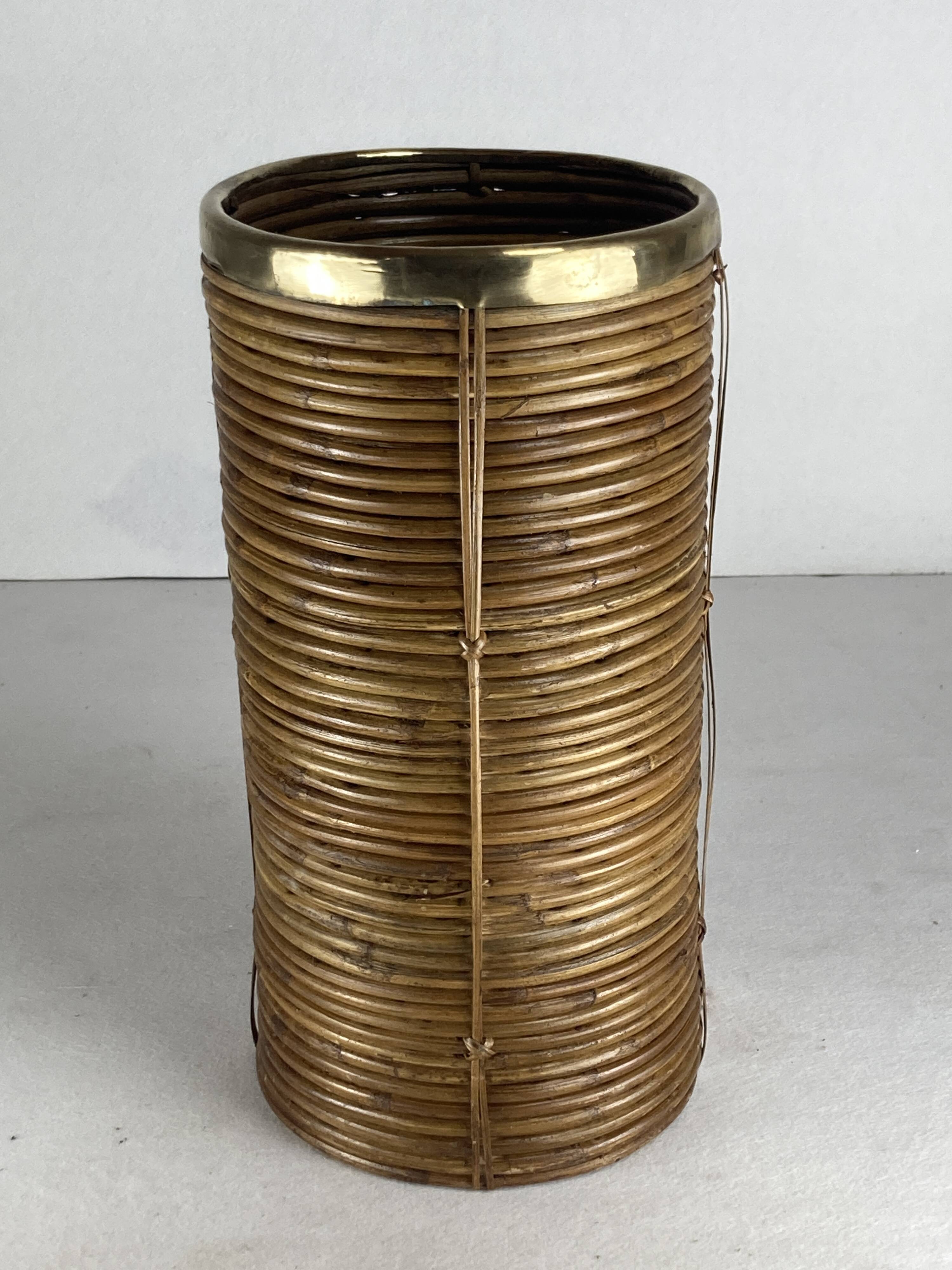 Pencil reed rattan and brass umbrella stand. or basket, Italy