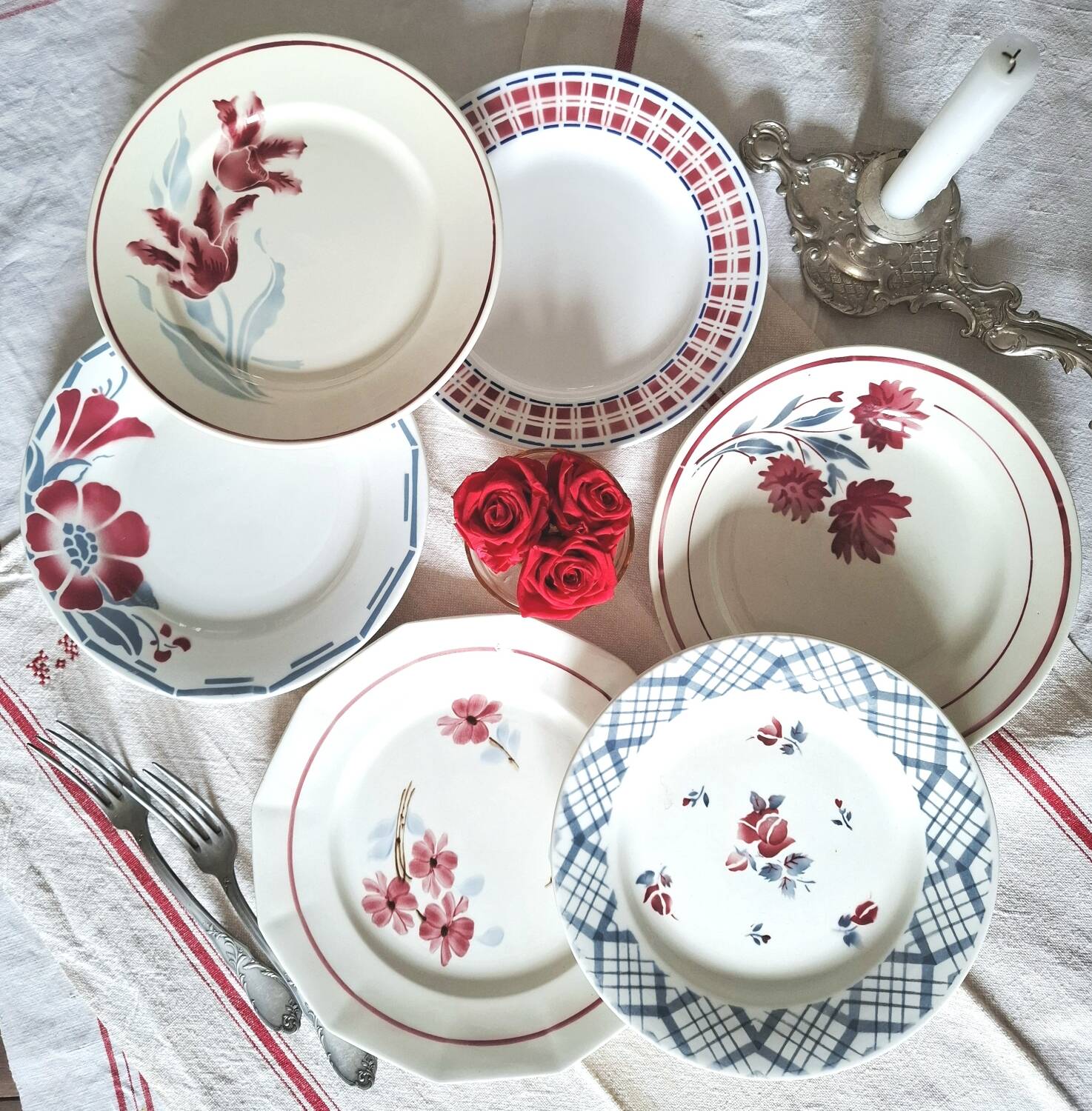 Mismatched antique earthenware dinner plates