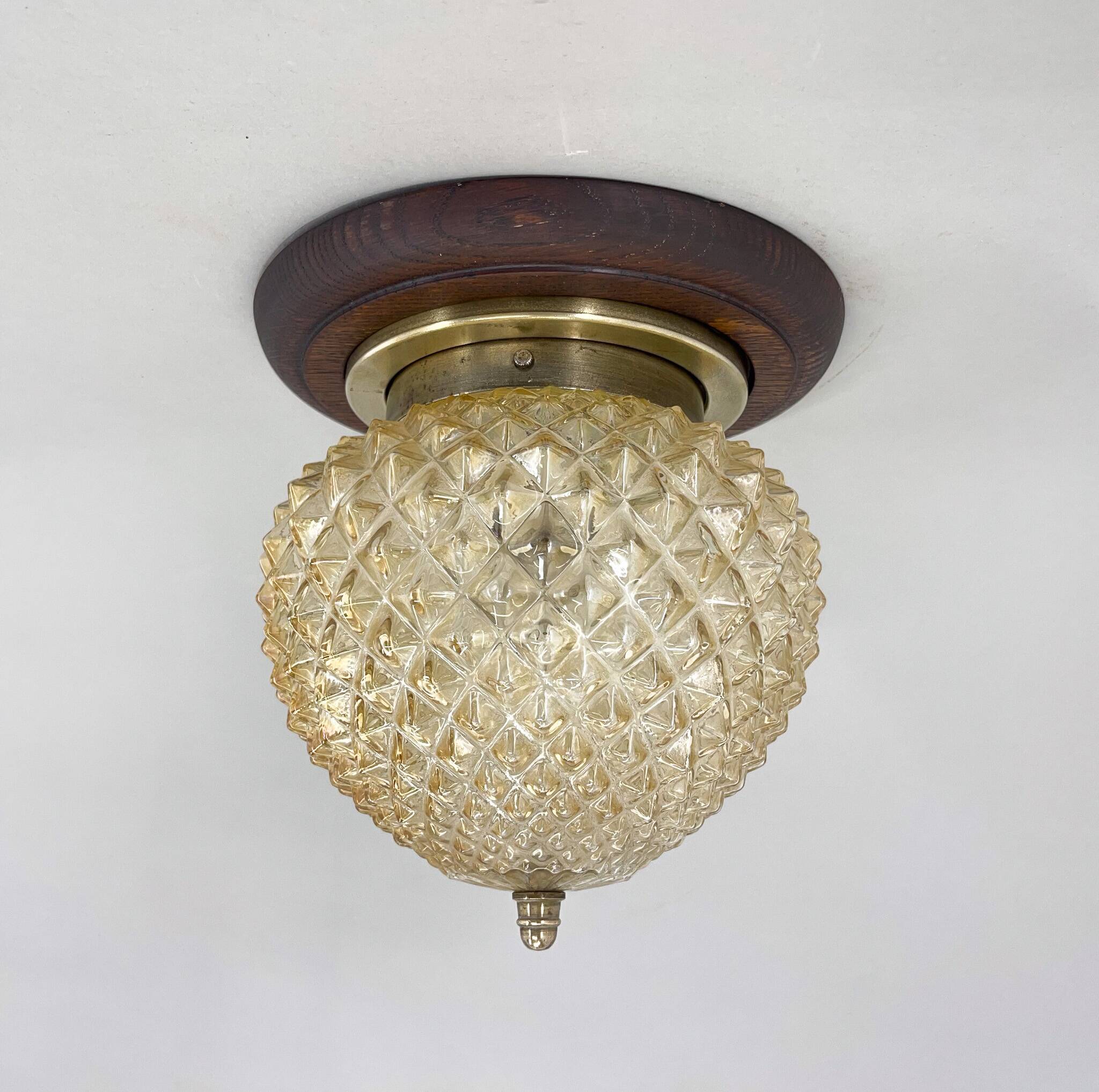 Mid-century wood & glass flush mount, 1960's