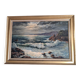 Old oil painting depicting a seascape.