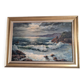 Old oil painting depicting a seascape.