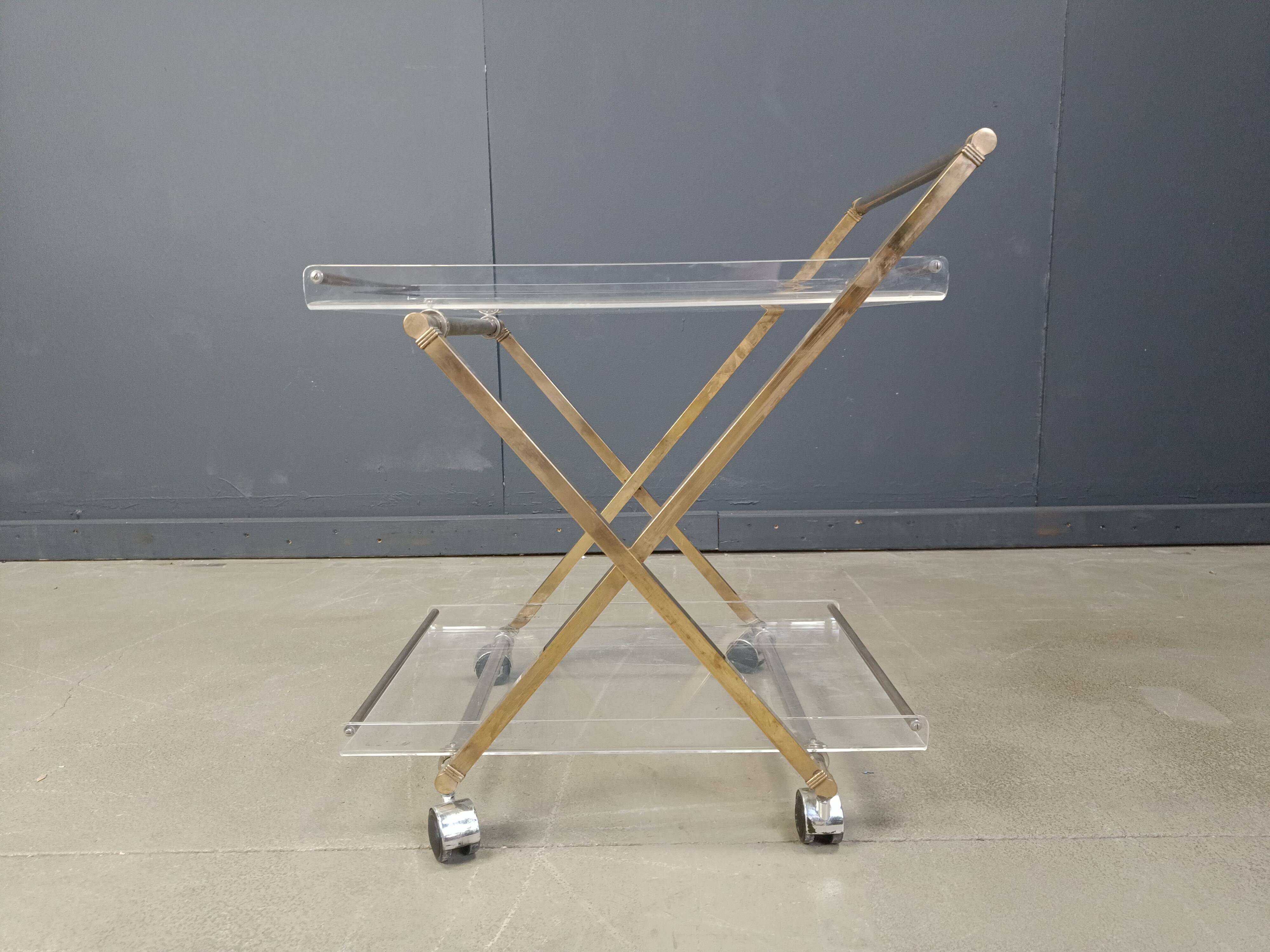 Vintage lucite and brass trolley, 1970s