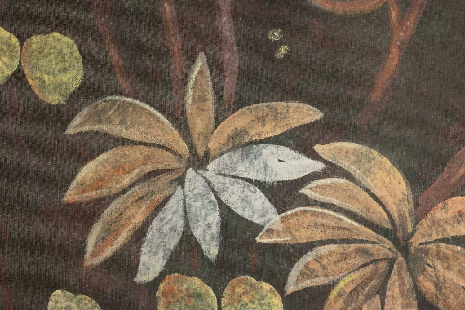 Painted canvas depicting animals on an exotic background. Contemporary.