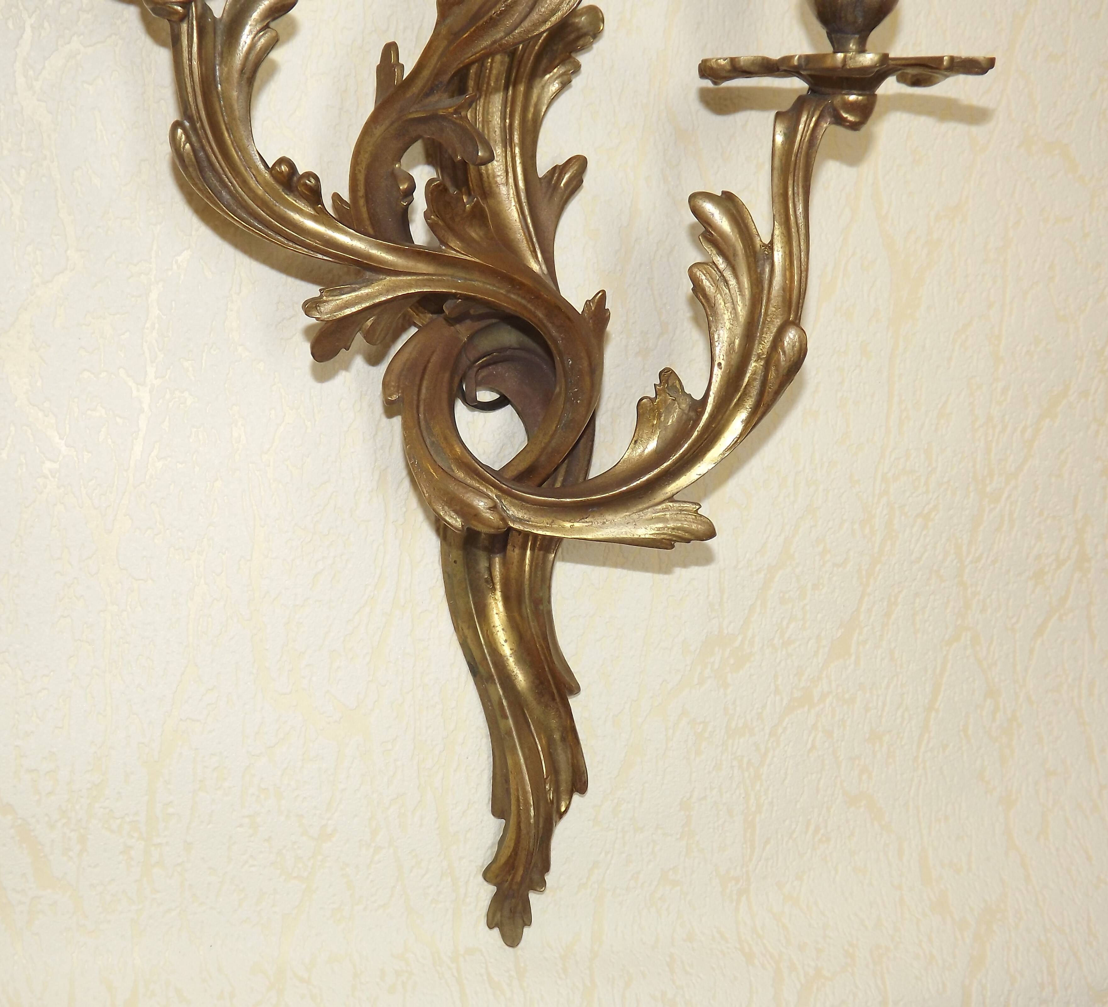 Very large pair of early 1900s 3-light acanthus leaf wall sconces 5209