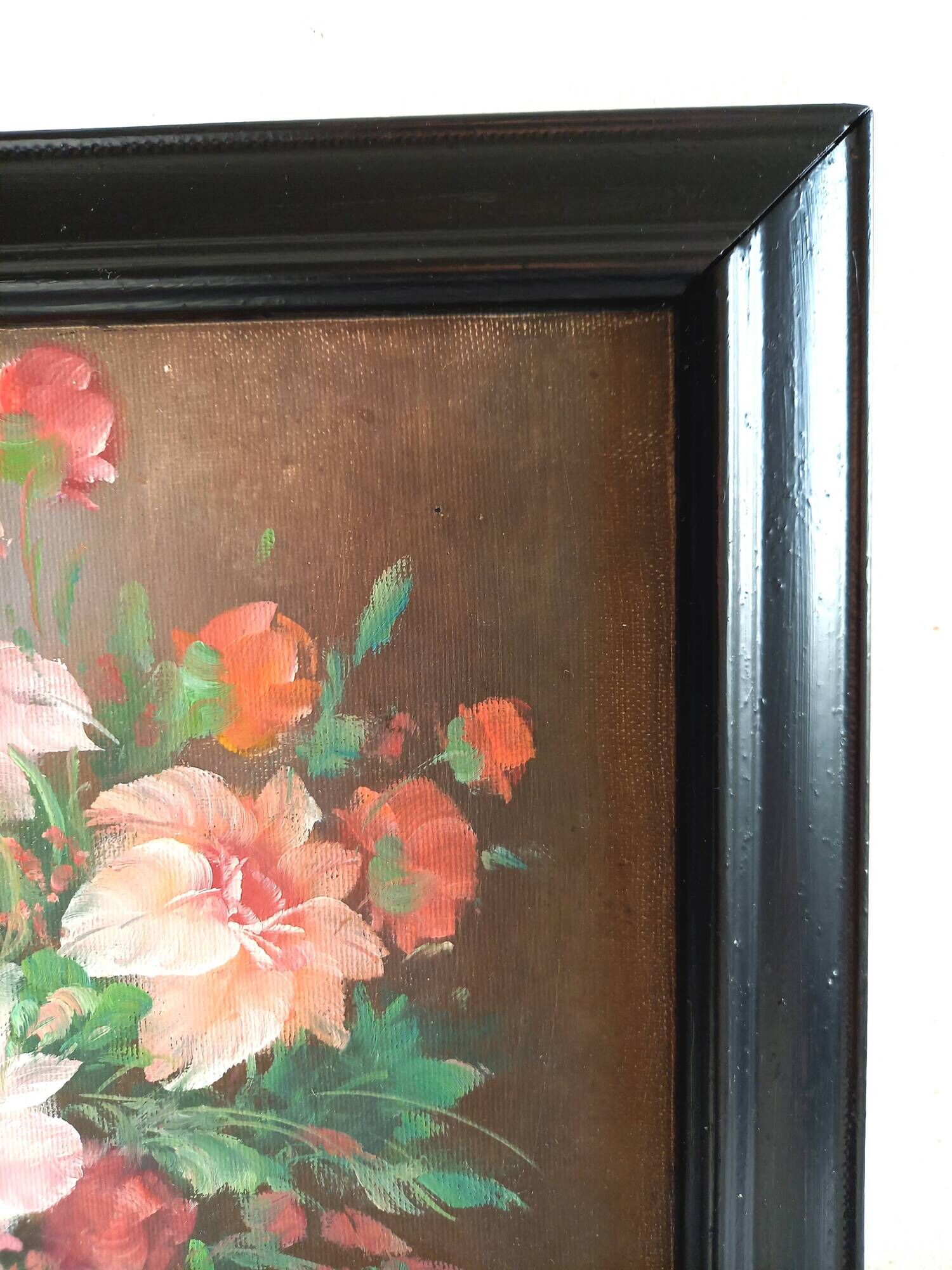 Old Painting Oil on Canvas Still Life Flowers J. Justin Signed