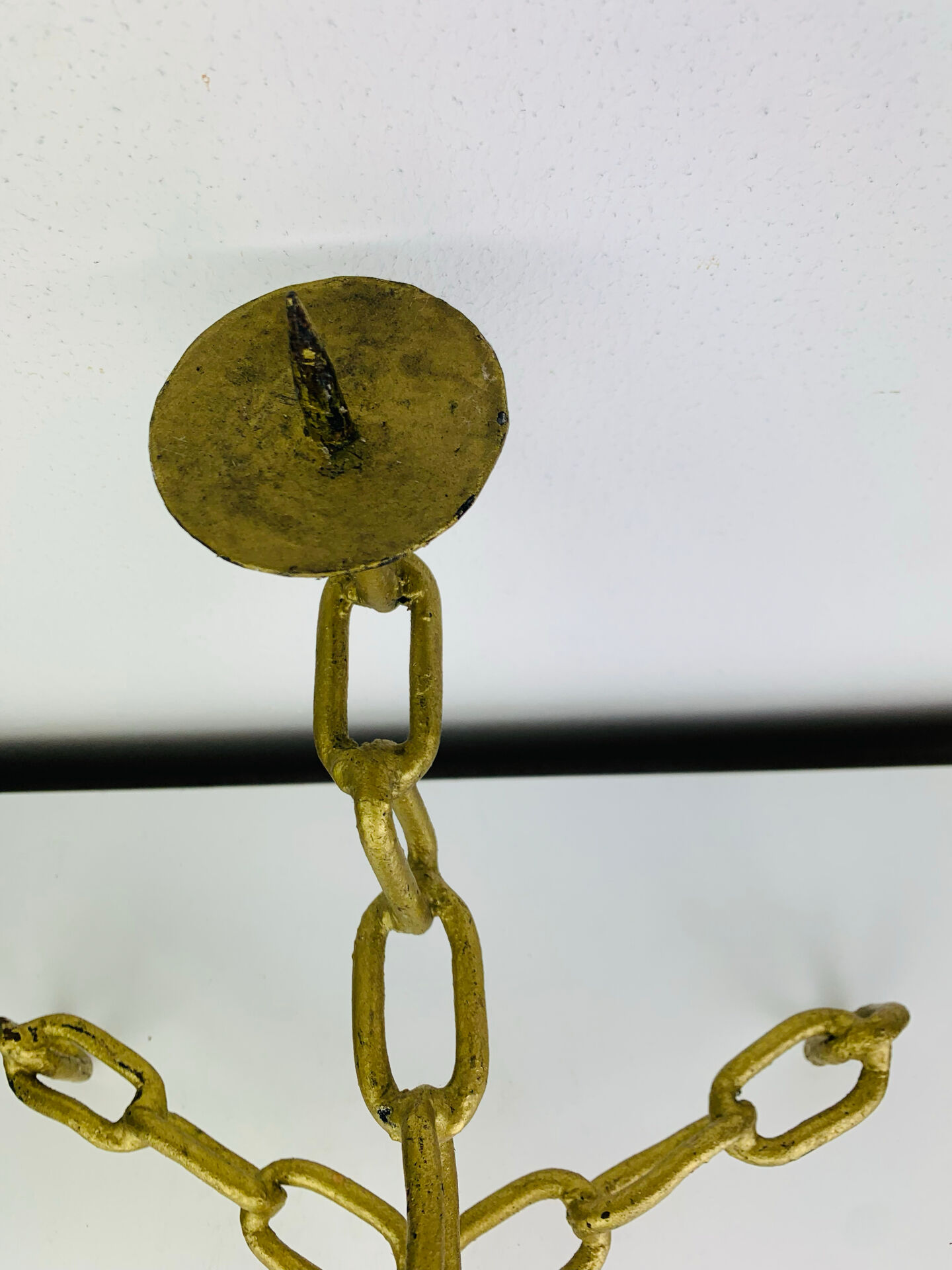 Brutalist candle holder, wrought iron, chain links, gold patina.