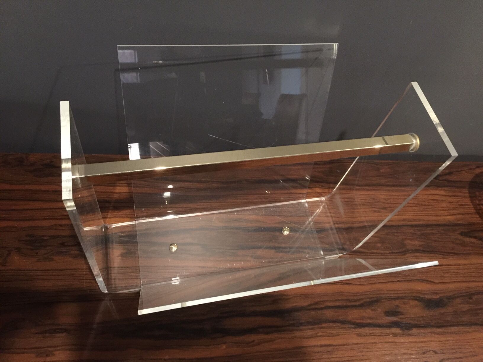 Magazine rack perspex and brass 1970s
