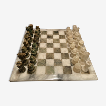 Jeu d'échecs vert et beige en albâtre de Volterra des années 1970 fabriqué à la main en Italie
