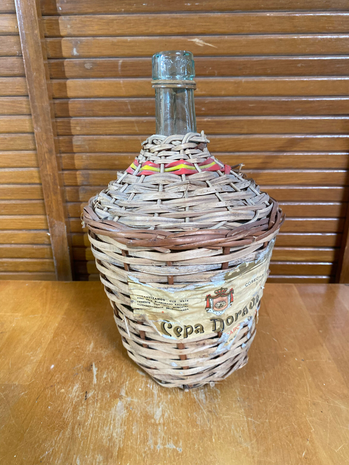 Old Dame Jeanne Bottle Glass + Woven Rattan Vintage #E527