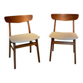 2 chaises scandinaves vintage « Greta » en hêtre teinté et teck bouclette beige
