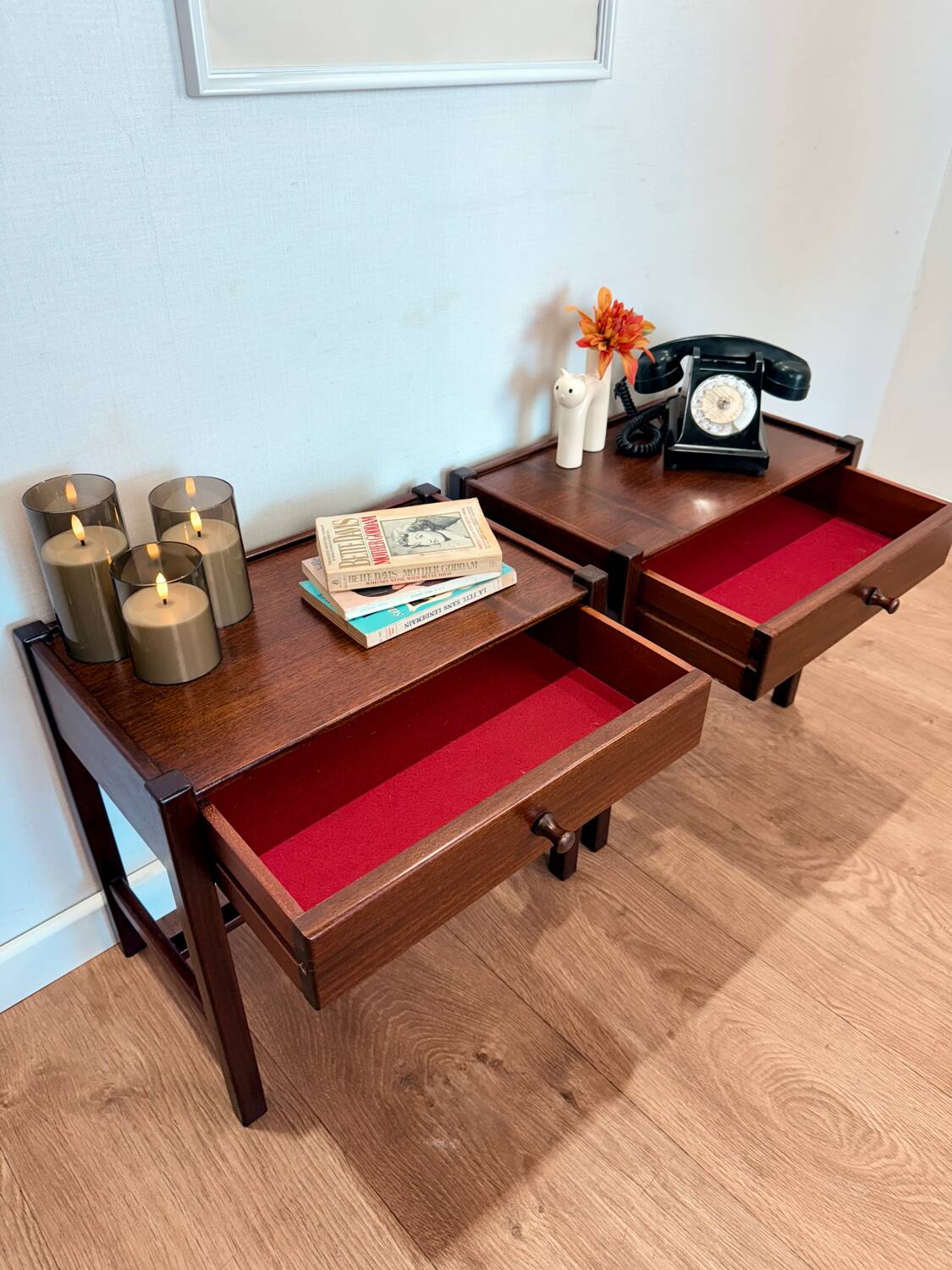 Pair of walnut bedside tables designed by Jacques Hauville for Roche Bobois.