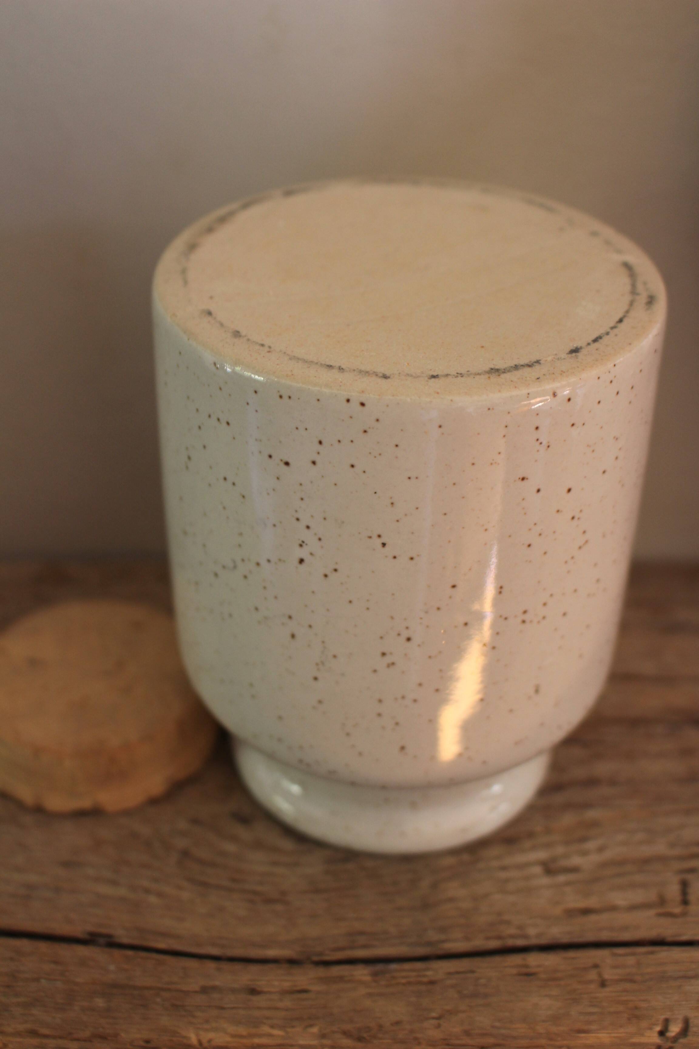 Mottled glazed stoneware mustard pot with cork stopper