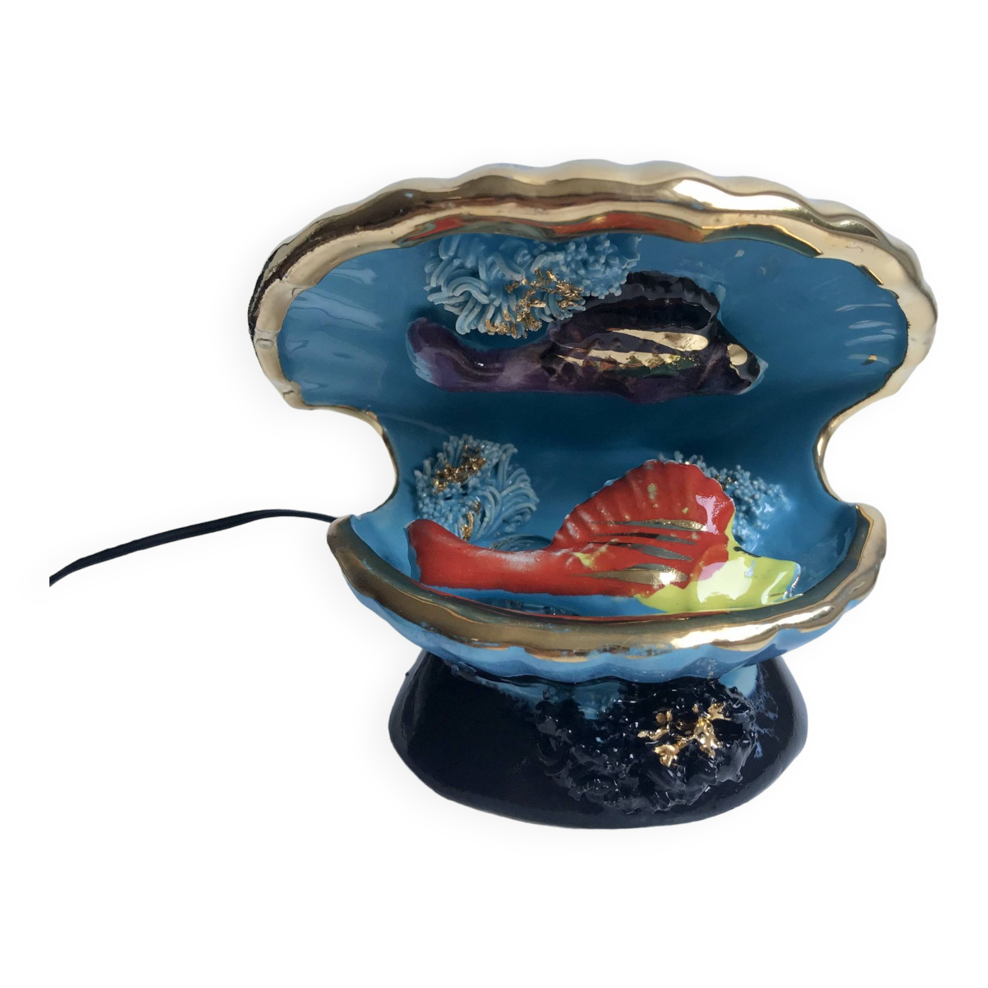 Petite lampe coquillage bleu et poissons signée vallauris années 1970
