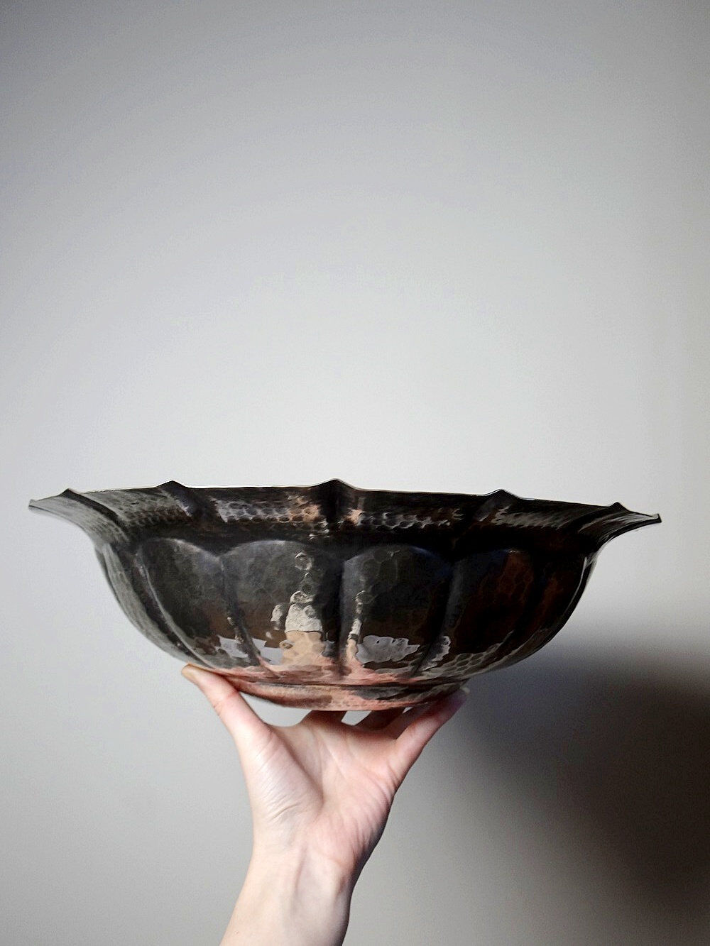 Large basin, bowl, Olri Italy vintage 1950s hammered silver.