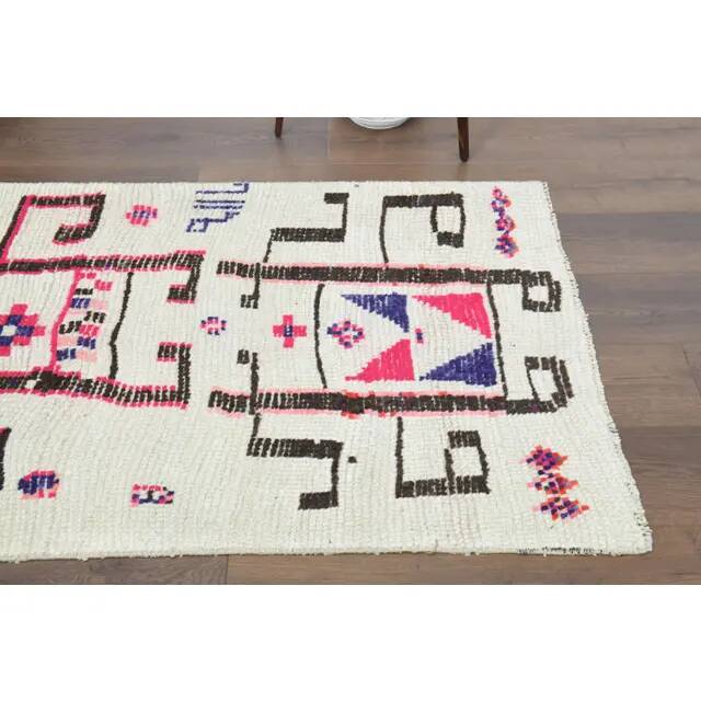 1970s Vintage Turkish Hand-Knotted Wool Cotton White Runner Rug 92x330