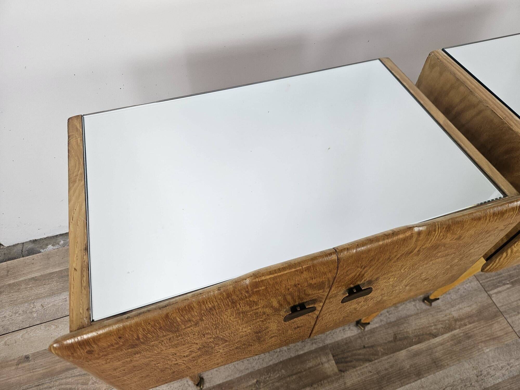 Pair of 1950s maple nightstands with mirrored tops