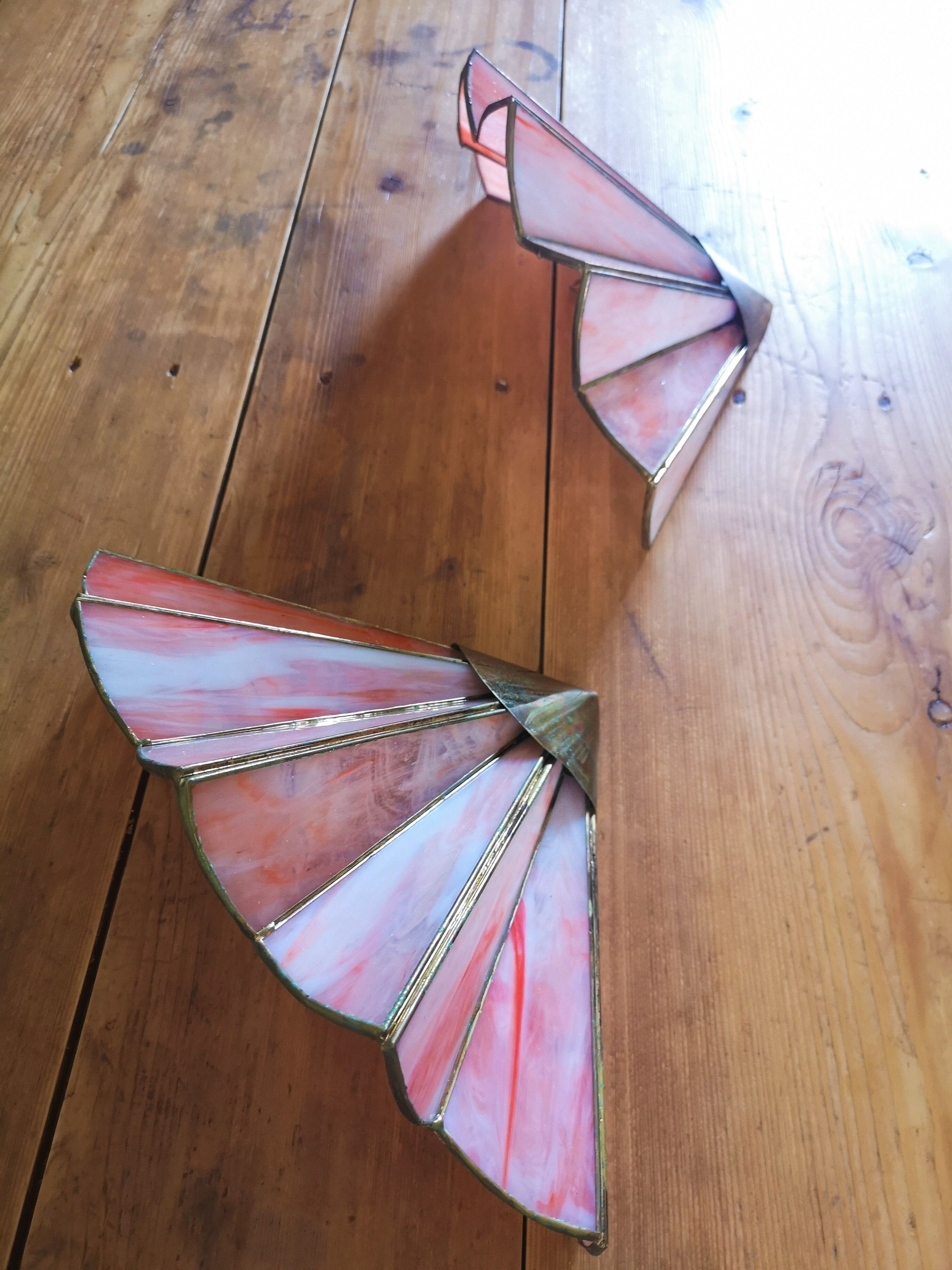 Pair of art deco fan wall light in brass and glass paste