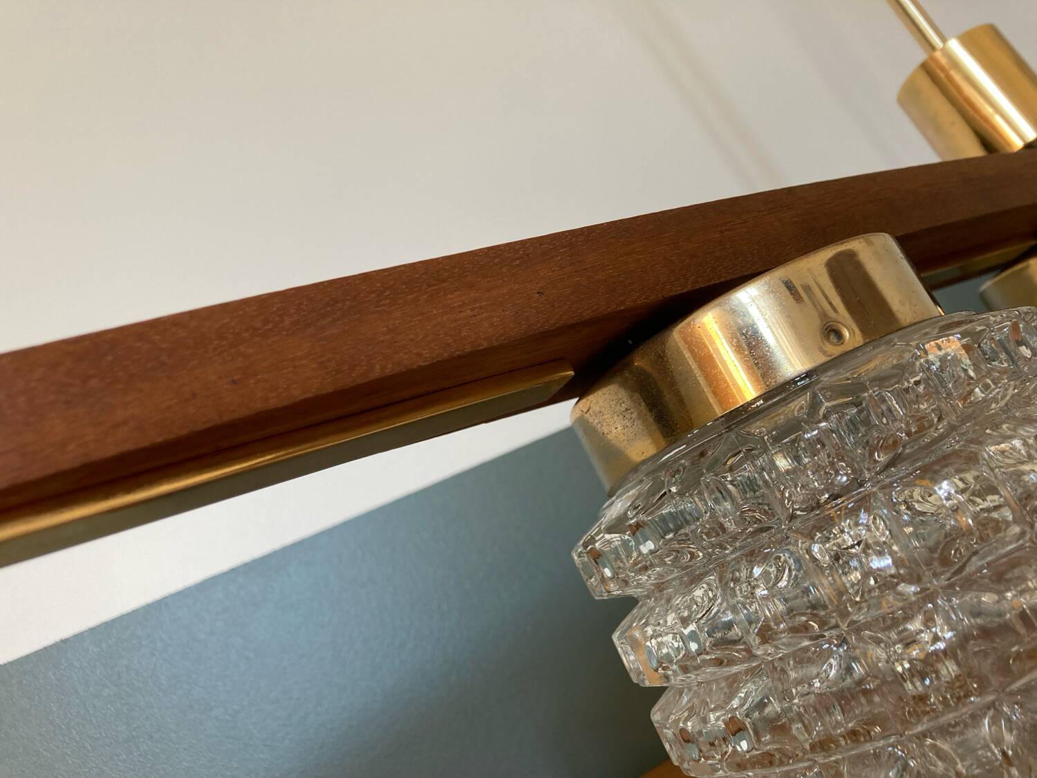Vintage teak, brass and glass chandelier