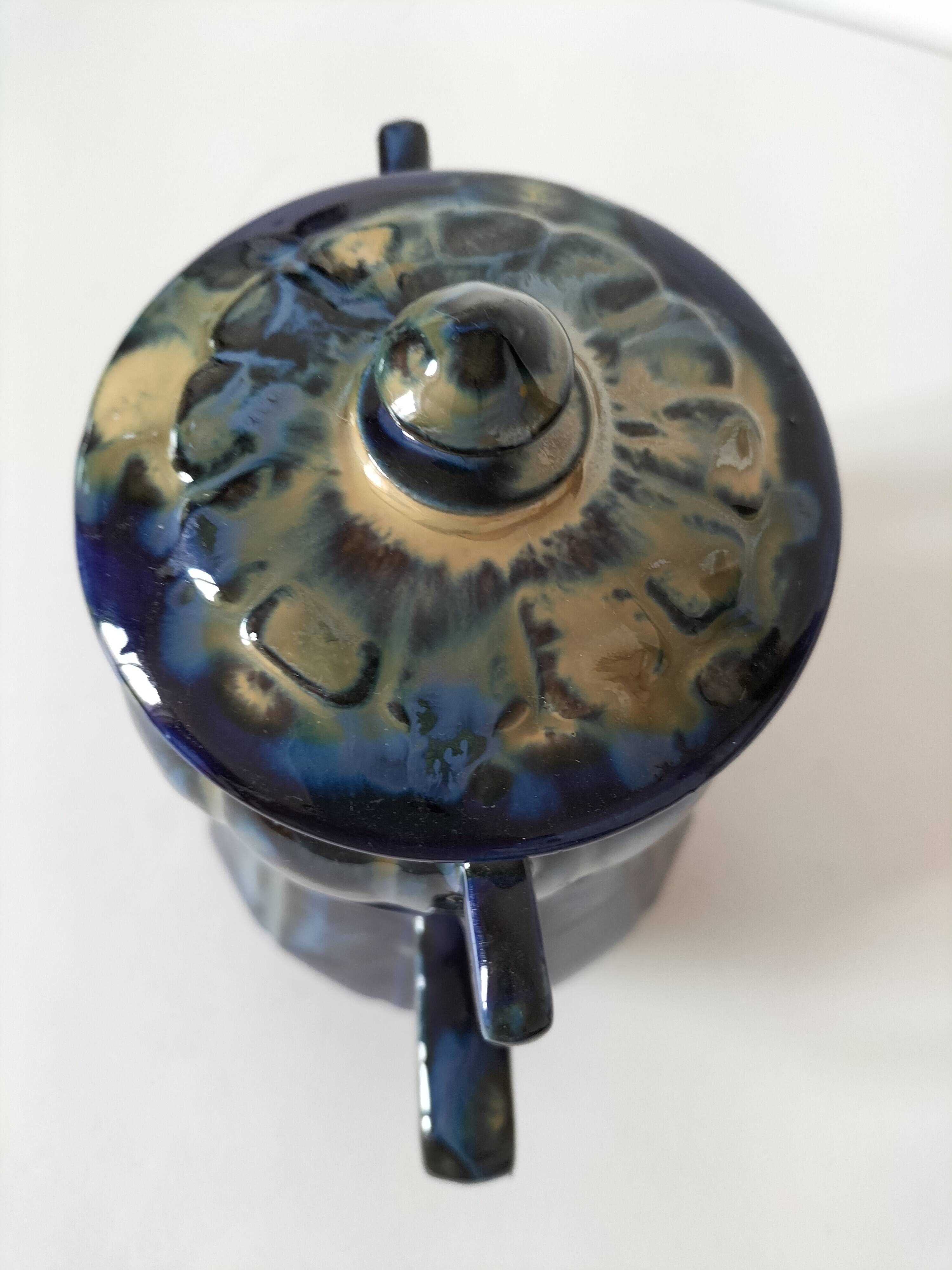 Midnight blue and flamed beige enameled ceramic filter coffee maker