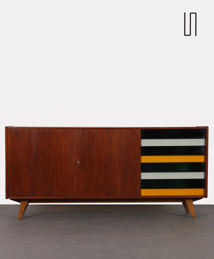 Oak sirdeboard with yellow and black drawers by Jiri Jiroutek, 1960
