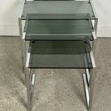 Nesting table in chrome metal and smoked glass 1980