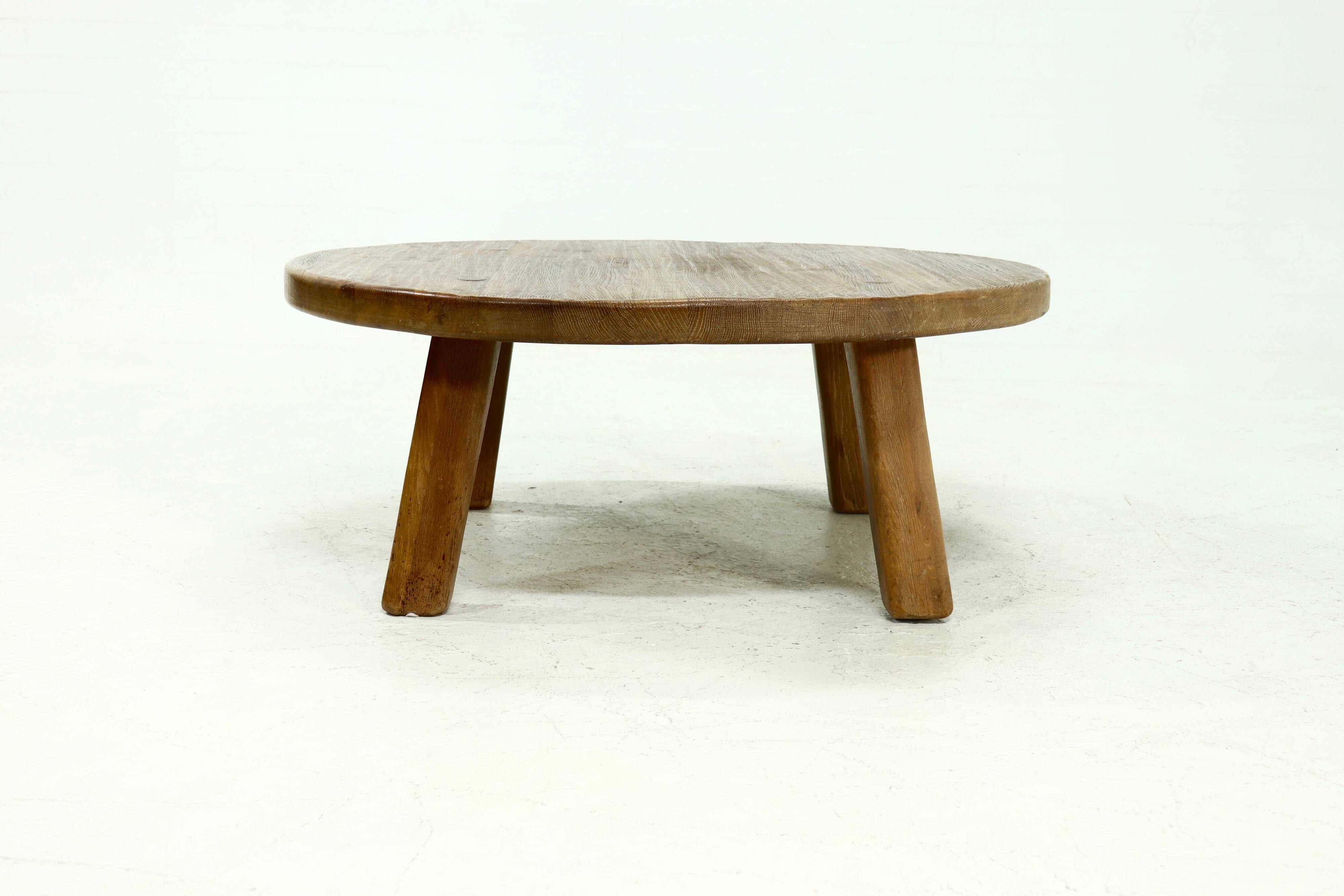 Rustic Solid Oak Round Coffee Table 1970s