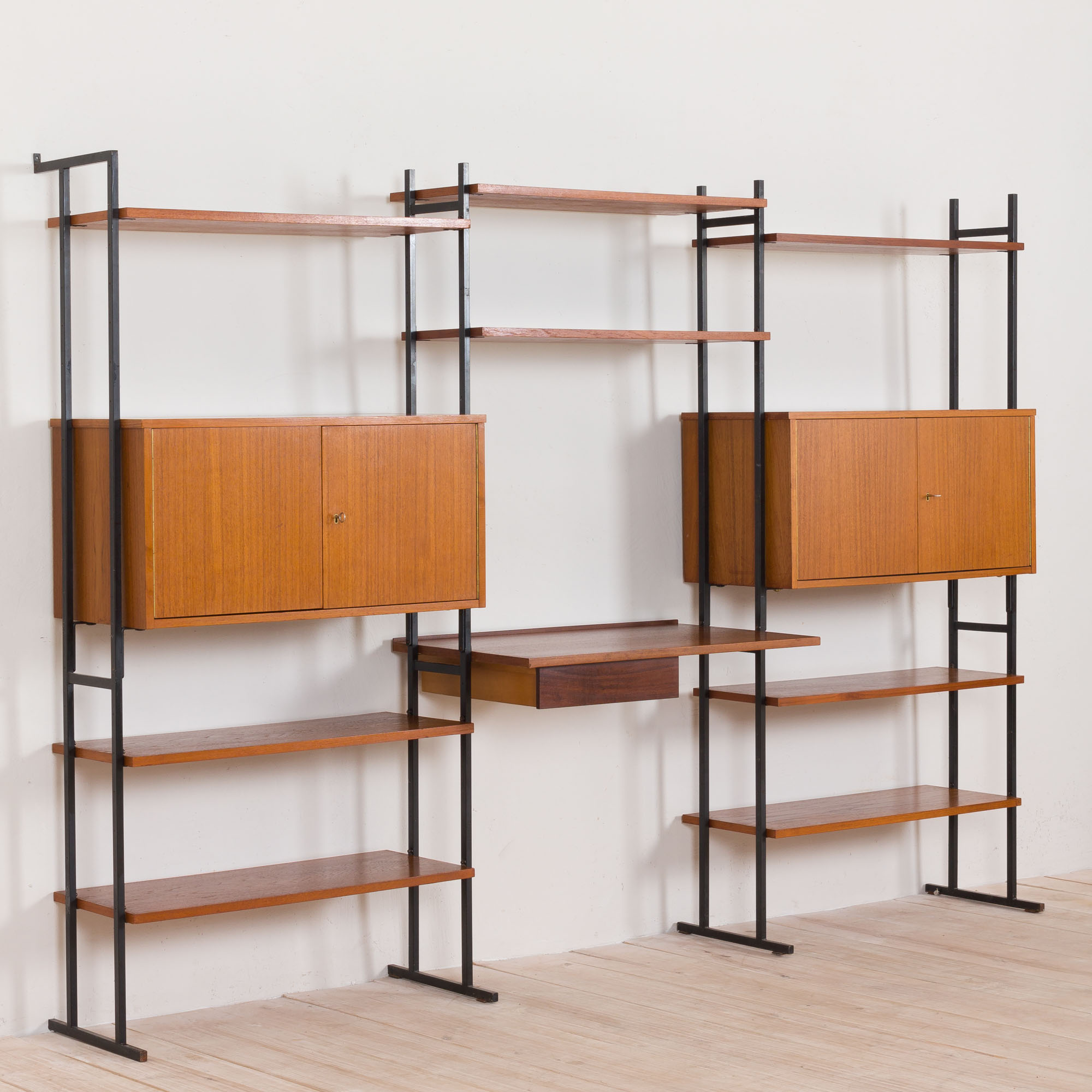 Free standing teak wall unit with a desk and 2 cabinets, Denmark, 1970s