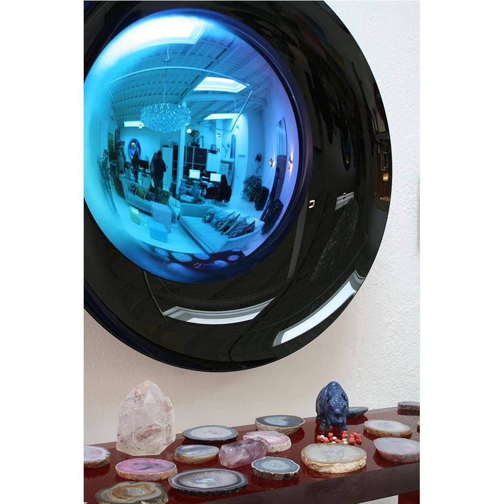 Modern Sculptural Concave Black and Blue Handmade Glass French Mirror